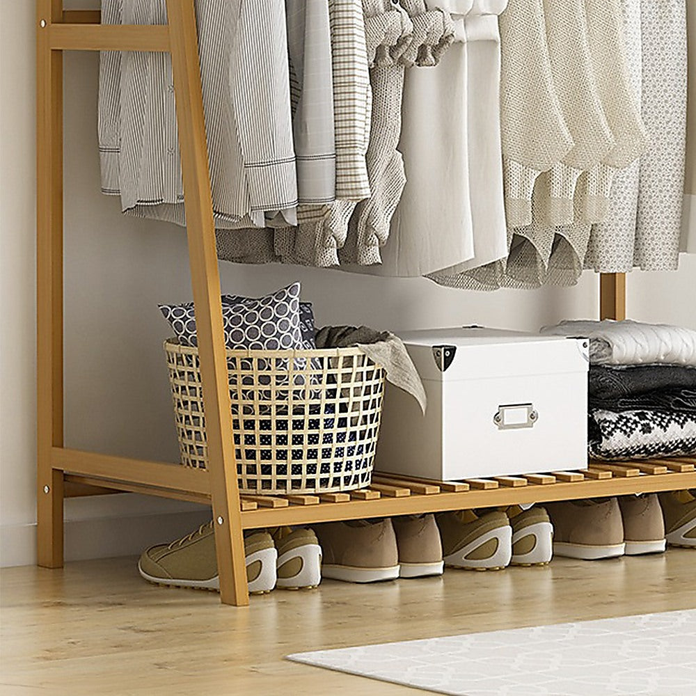 Portable Clothes Rack Coat Garment Stand Bamboo Rail Hanger Airer Closet - Cosy Abode