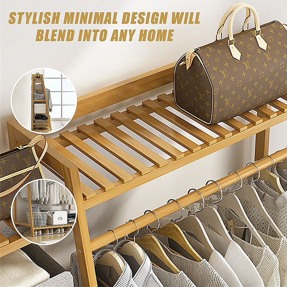 Portable Clothes Rack Coat Garment Stand Bamboo Rail Hanger Airer Closet - Cosy Abode
