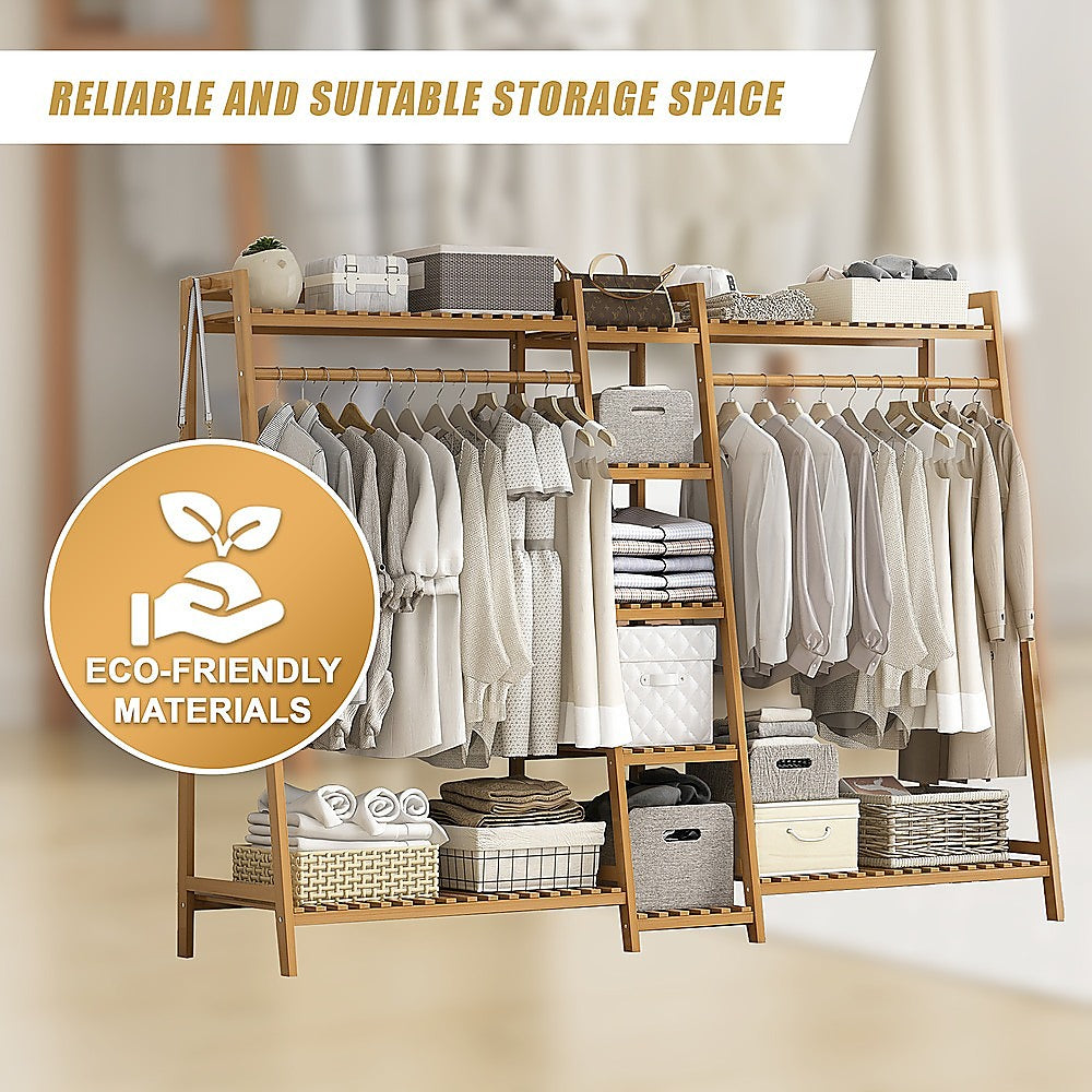 Portable Clothes Rack Coat Garment Stand Bamboo Rail Hanger Airer Closet - Cosy Abode