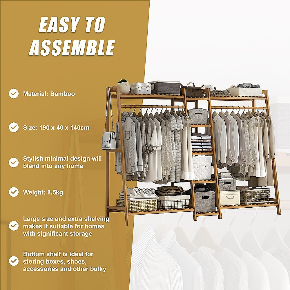 Portable Clothes Rack Coat Garment Stand Bamboo Rail Hanger Airer Closet - Cosy Abode