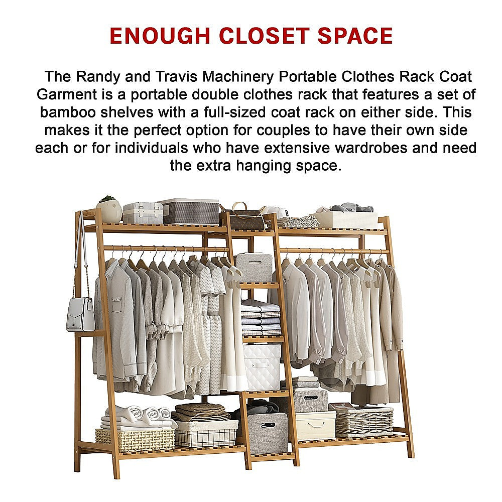 Portable Clothes Rack Coat Garment Stand Bamboo Rail Hanger Airer Closet - Cosy Abode