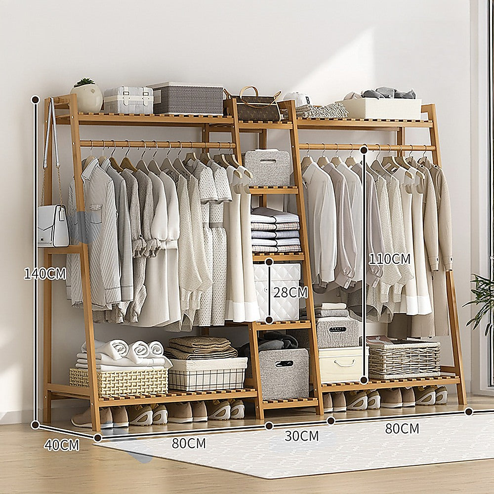 Portable Clothes Rack Coat Garment Stand Bamboo Rail Hanger Airer Closet - Cosy Abode