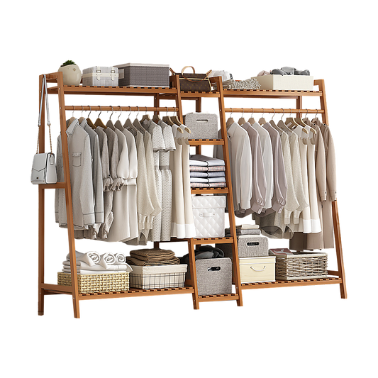 Portable Clothes Rack Coat Garment Stand Bamboo Rail Hanger Airer Closet - Cosy Abode