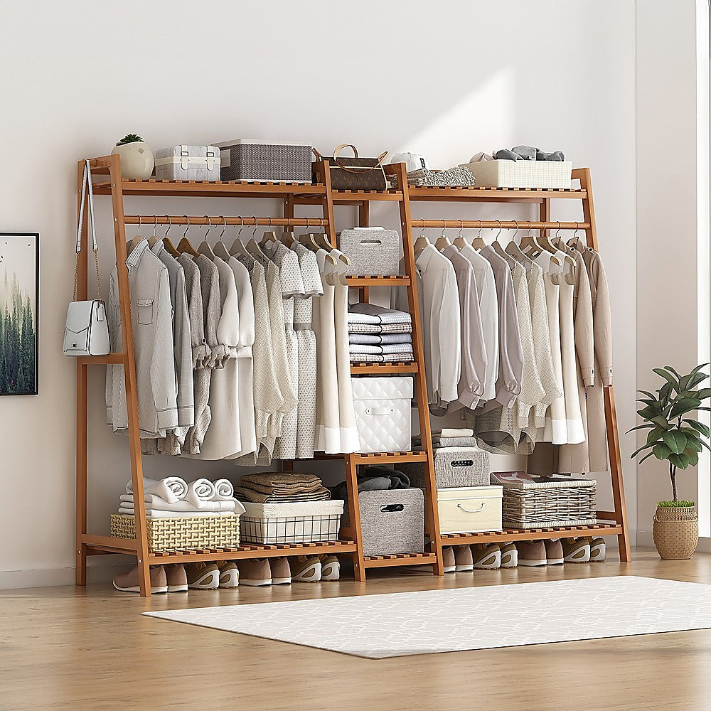 Portable Clothes Rack Coat Garment Stand Bamboo Rail Hanger Airer Closet - Cosy Abode