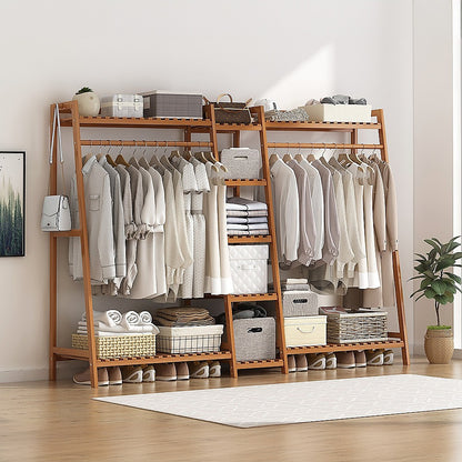 Portable Clothes Rack Coat Garment Stand Bamboo Rail Hanger Airer Closet - Cosy Abode