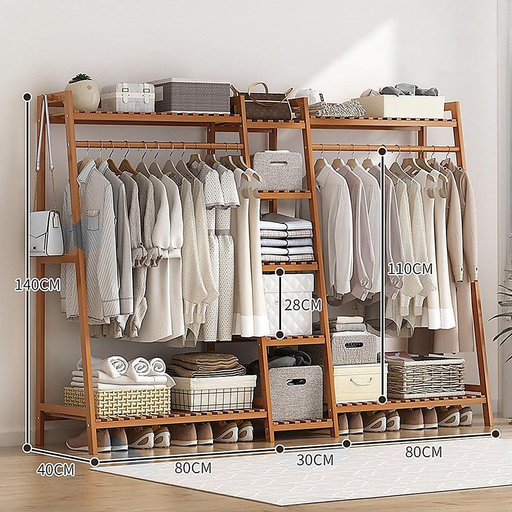 Portable Clothes Rack Coat Garment Stand Bamboo Rail Hanger Airer Closet - Cosy Abode