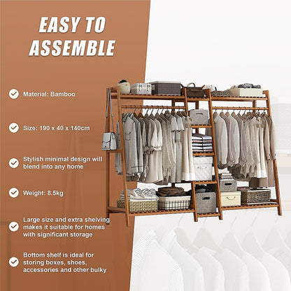 Portable Clothes Rack Coat Garment Stand Bamboo Rail Hanger Airer Closet - Cosy Abode