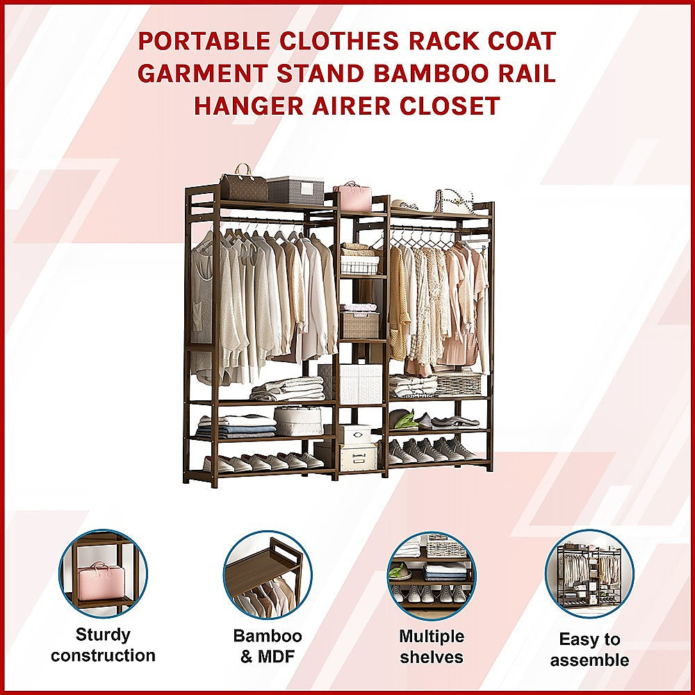 Portable Clothes Rack Coat Garment Stand Bamboo Rail Hanger Airer Closet - Cosy Abode