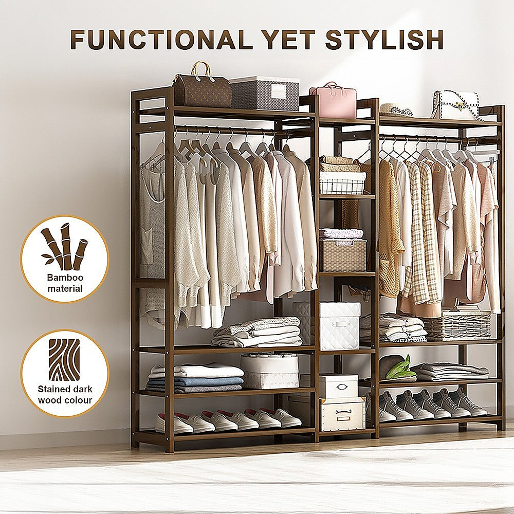 Portable Clothes Rack Coat Garment Stand Bamboo Rail Hanger Airer Closet - Cosy Abode