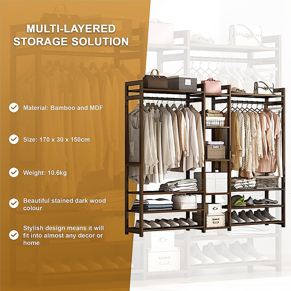Portable Clothes Rack Coat Garment Stand Bamboo Rail Hanger Airer Closet - Cosy Abode