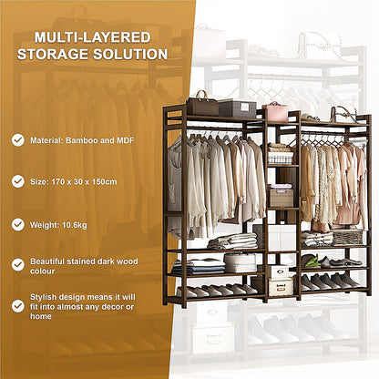 Portable Clothes Rack Coat Garment Stand Bamboo Rail Hanger Airer Closet - Cosy Abode