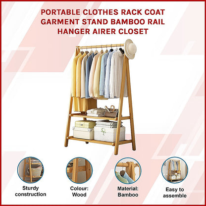 Portable Clothes Rack Coat Garment Stand Bamboo Rail Hanger Airer Closet - Cosy Abode