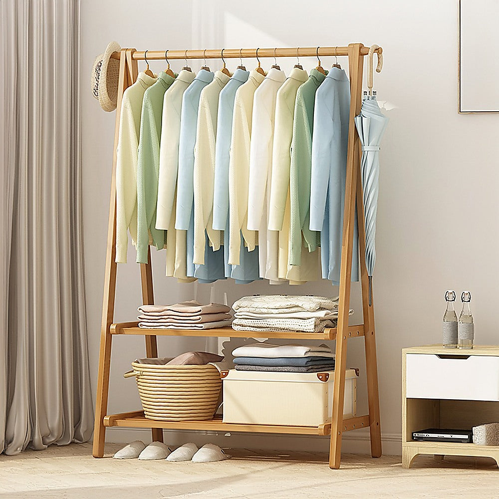Portable Clothes Rack Coat Garment Stand Bamboo Rail Hanger Airer Closet - Cosy Abode