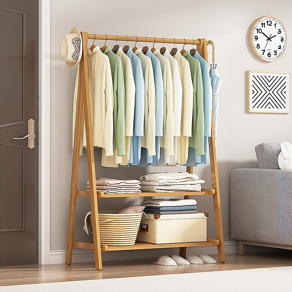 Portable Clothes Rack Coat Garment Stand Bamboo Rail Hanger Airer Closet - Cosy Abode