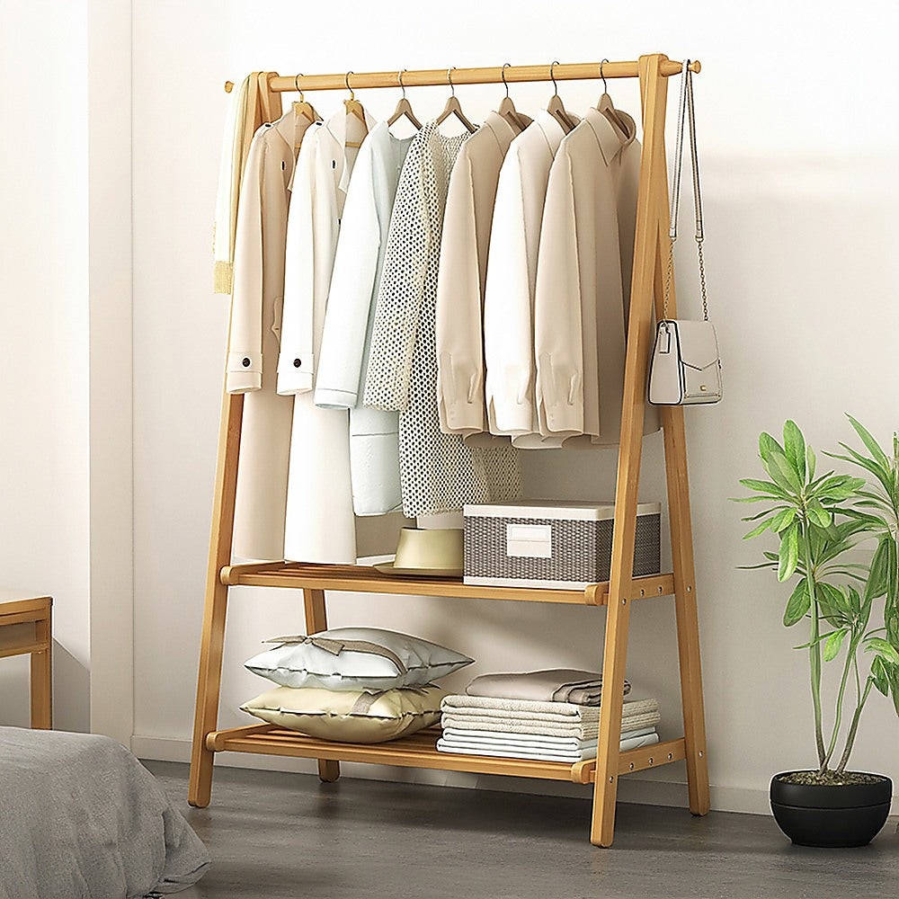 Portable Clothes Rack Coat Garment Stand Bamboo Rail Hanger Airer Closet - Cosy Abode