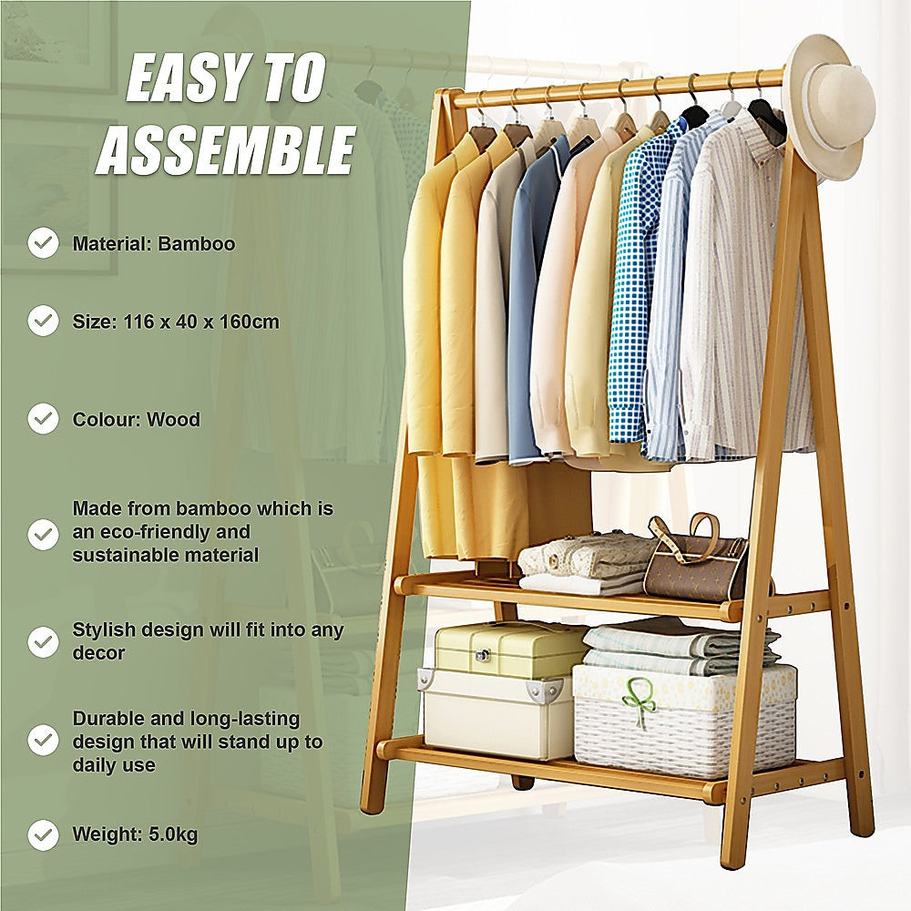Portable Clothes Rack Coat Garment Stand Bamboo Rail Hanger Airer Closet - Cosy Abode