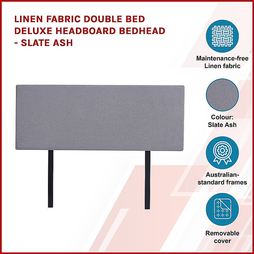 Linen Fabric Double Bed Deluxe Headboard Bedhead - Slate Ash - Cosy Abode