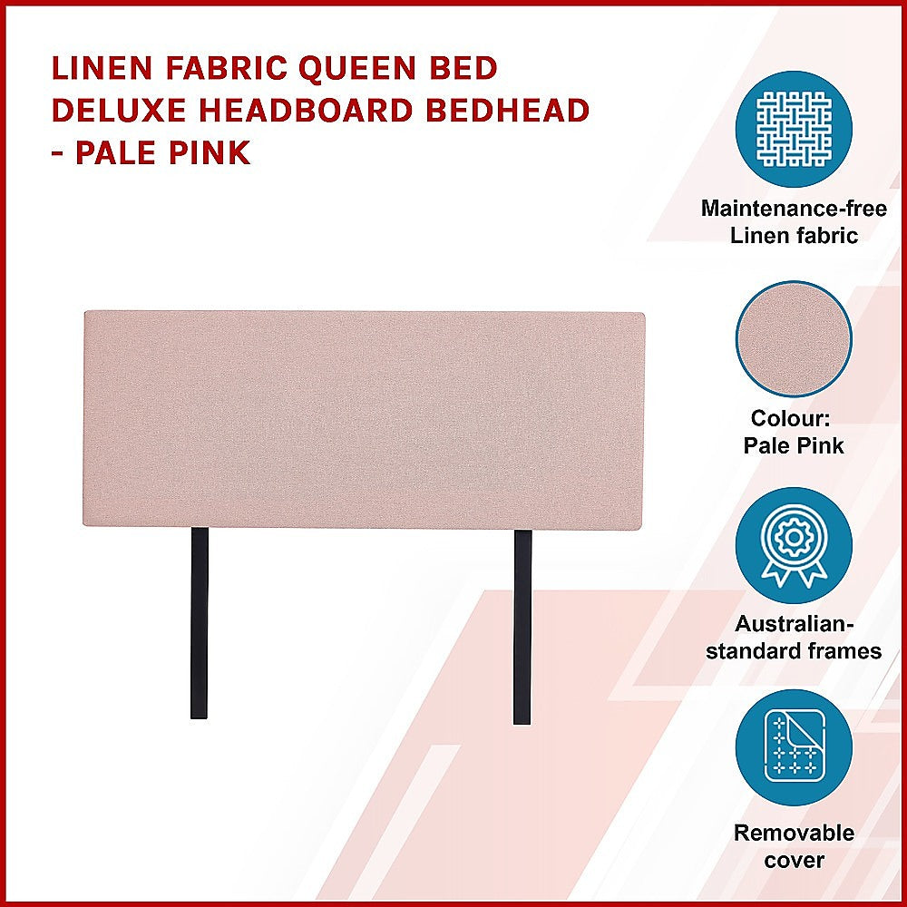 Linen Fabric Queen Bed Deluxe Headboard Bedhead - Pale Pink - Cosy Abode