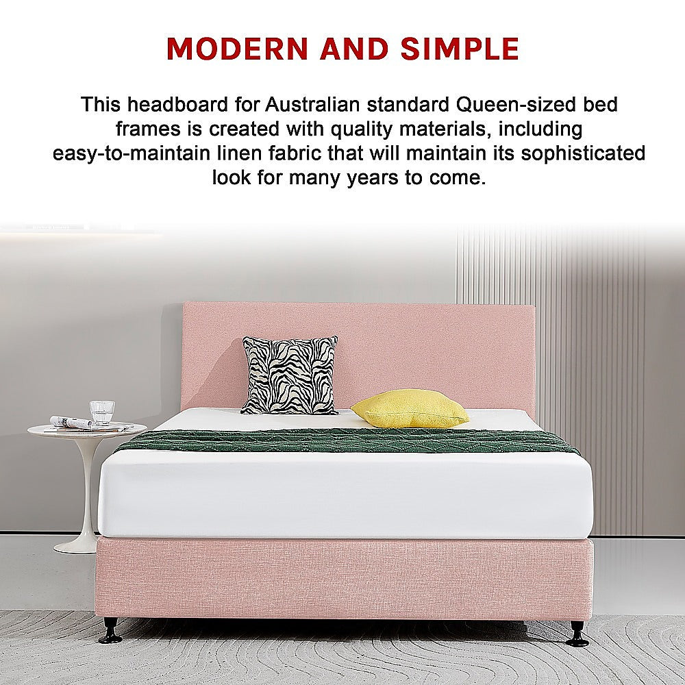 Linen Fabric Queen Bed Deluxe Headboard Bedhead - Pale Pink - Cosy Abode