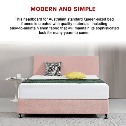 Linen Fabric Queen Bed Deluxe Headboard Bedhead - Pale Pink - Cosy Abode