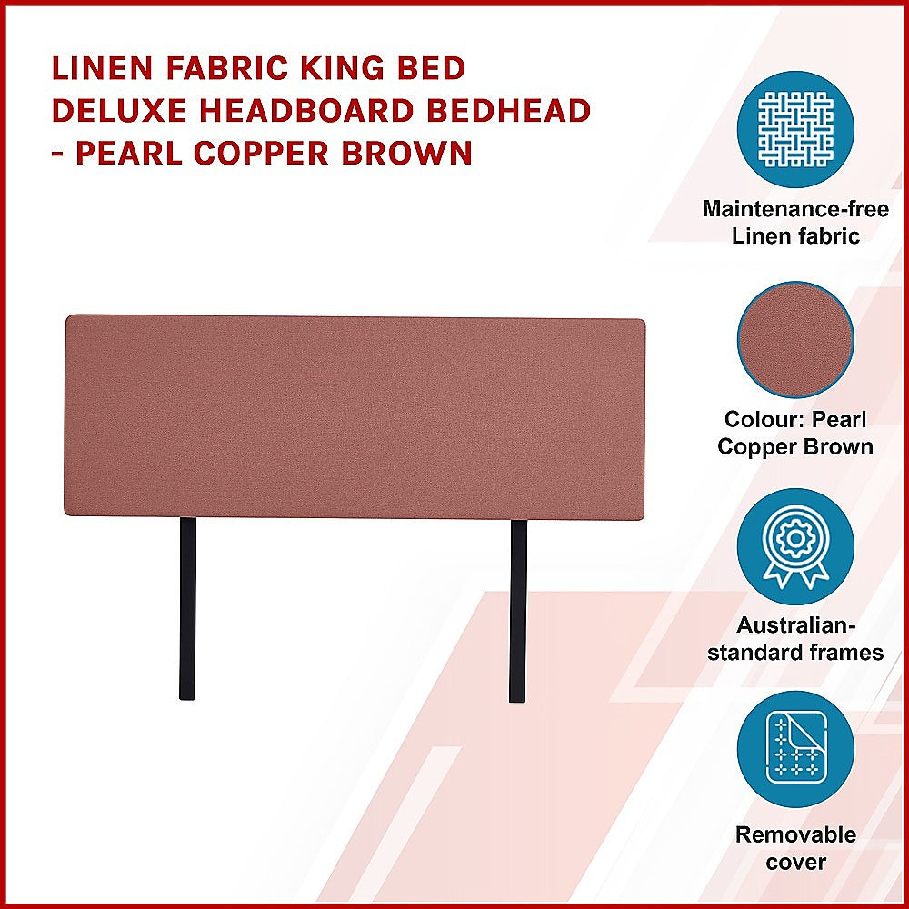 Linen Fabric King Bed Deluxe Headboard Bedhead - Pearl Copper Brown - Cosy Abode