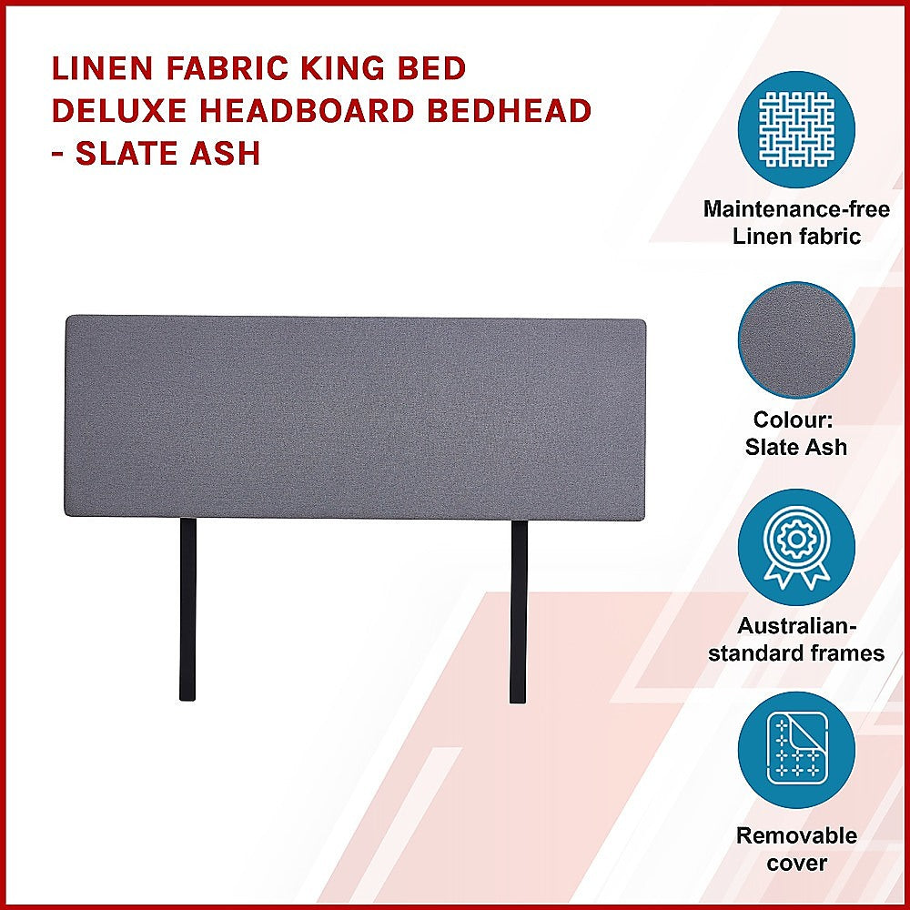 Linen Fabric King Bed Deluxe Headboard Bedhead - Slate Ash - Cosy Abode