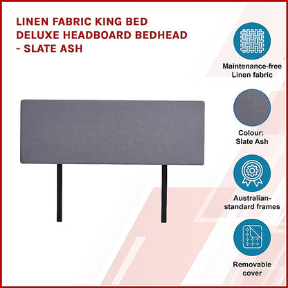 Linen Fabric King Bed Deluxe Headboard Bedhead - Slate Ash - Cosy Abode