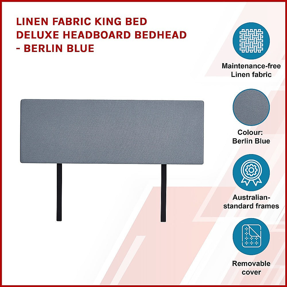 Linen Fabric King Bed Deluxe Headboard Bedhead - Berlin Blue - Cosy Abode