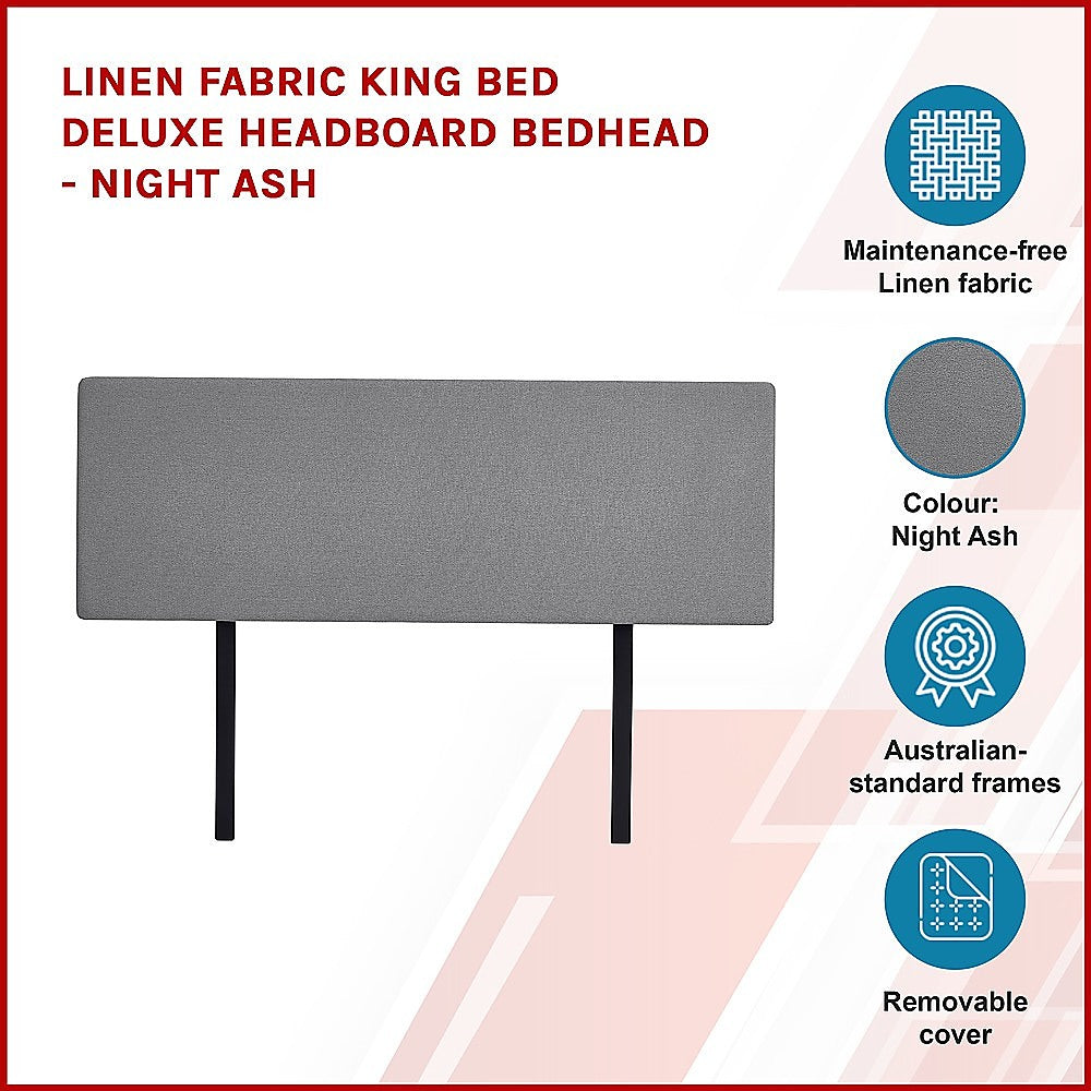 Linen Fabric King Bed Deluxe Headboard Bedhead - Night Ash - Cosy Abode