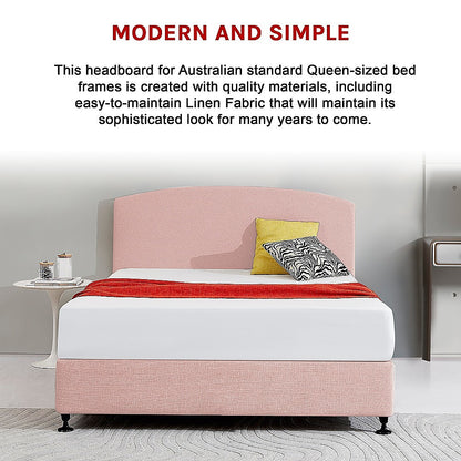 Linen Fabric Queen Bed Curved Headboard Bedhead - Pale Pink - Cosy Abode