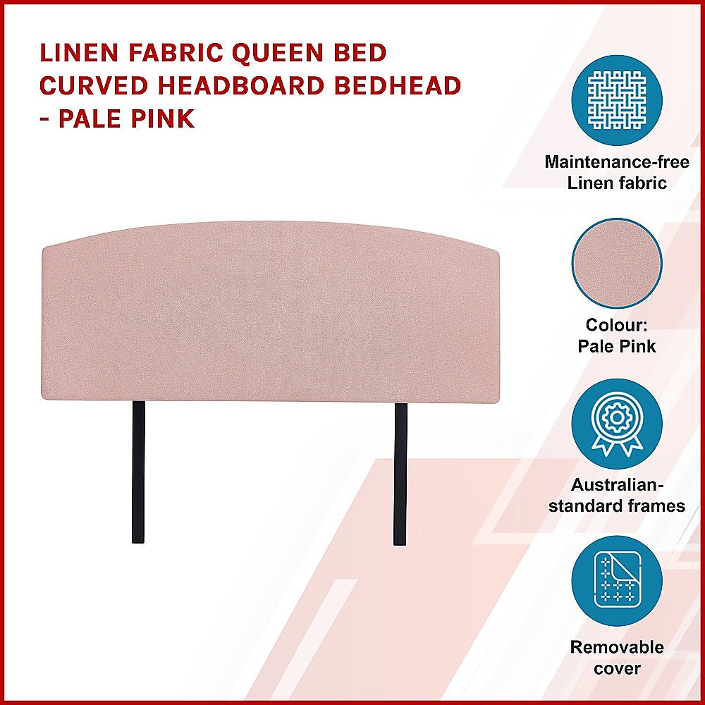 Linen Fabric Queen Bed Curved Headboard Bedhead - Pale Pink - Cosy Abode