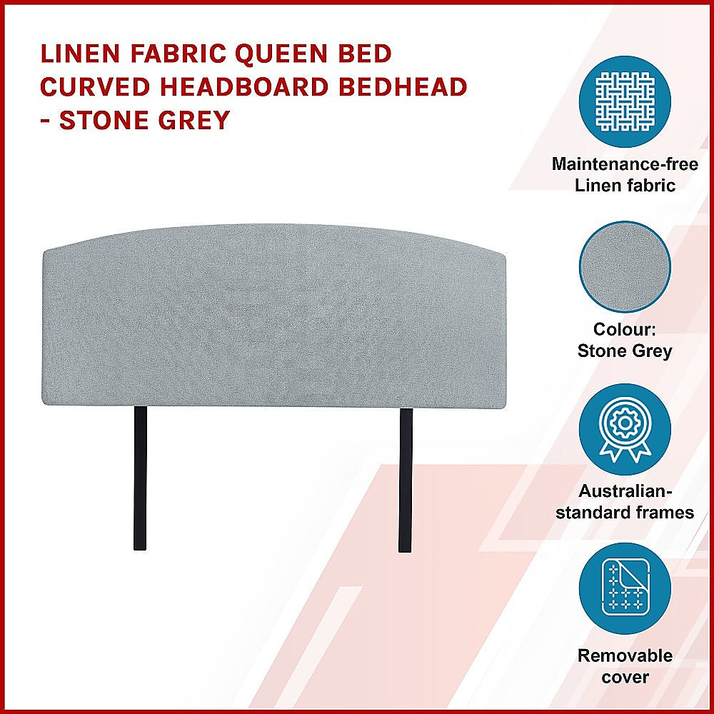 Linen Fabric Queen Bed Curved Headboard Bedhead - Stone Grey - Cosy Abode