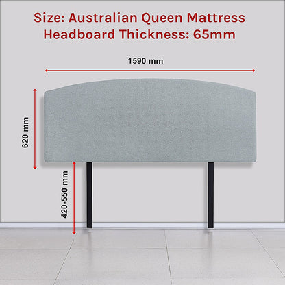 Linen Fabric Queen Bed Curved Headboard Bedhead - Stone Grey - Cosy Abode