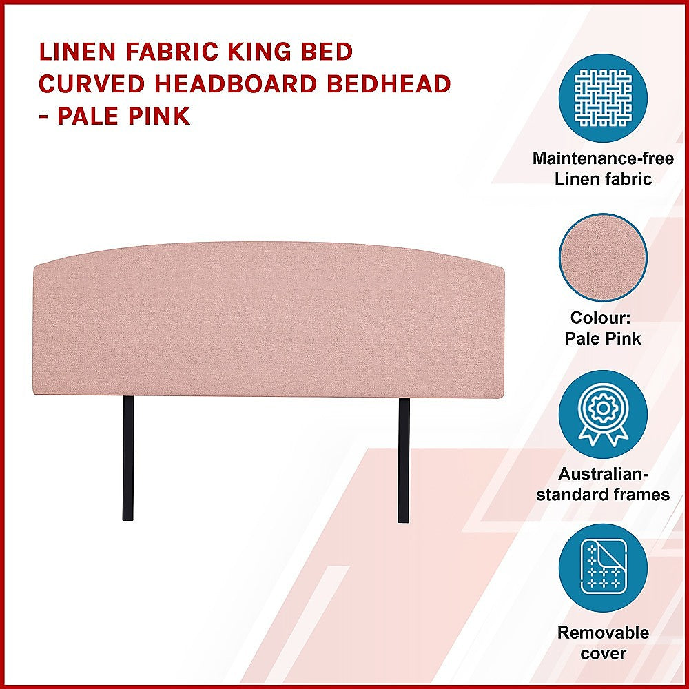 Linen Fabric King Bed Curved Headboard Bedhead - Pale Pink - Cosy Abode