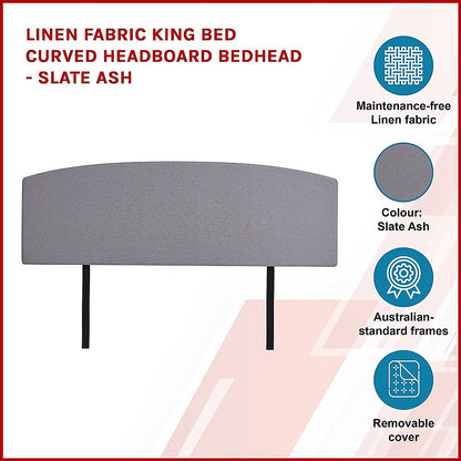 Linen Fabric King Bed Curved Headboard Bedhead - Slate Ash - Cosy Abode