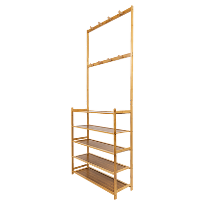 Large Wooden 5 Tiers Hat Coat Stand Clothes Shoe Rack Hanger Hooks Shelf Storage - Cosy Abode