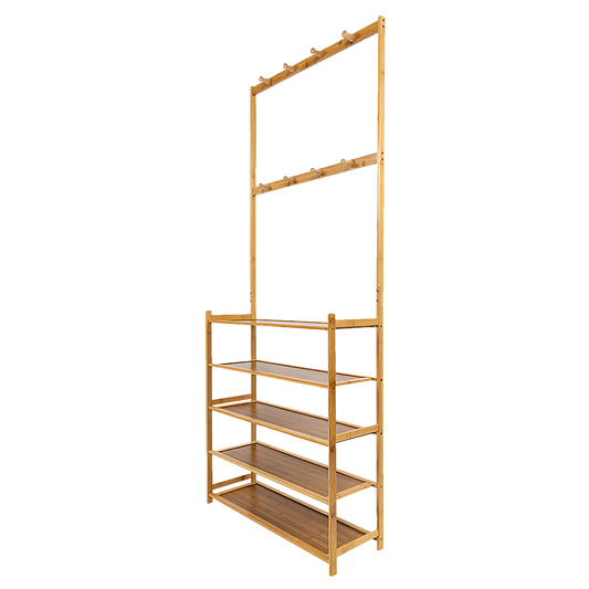 Large Wooden 5 Tiers Hat Coat Stand Clothes Shoe Rack Hanger Hooks Shelf Storage - Cosy Abode