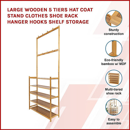 Large Wooden 5 Tiers Hat Coat Stand Clothes Shoe Rack Hanger Hooks Shelf Storage - Cosy Abode