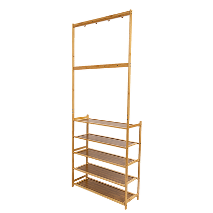 Large Wooden 5 Tiers Hat Coat Stand Clothes Shoe Rack Hanger Hooks Shelf Storage - Cosy Abode