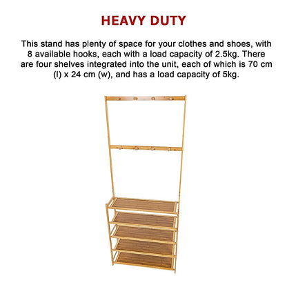 Large Wooden 5 Tiers Hat Coat Stand Clothes Shoe Rack Hanger Hooks Shelf Storage - Cosy Abode