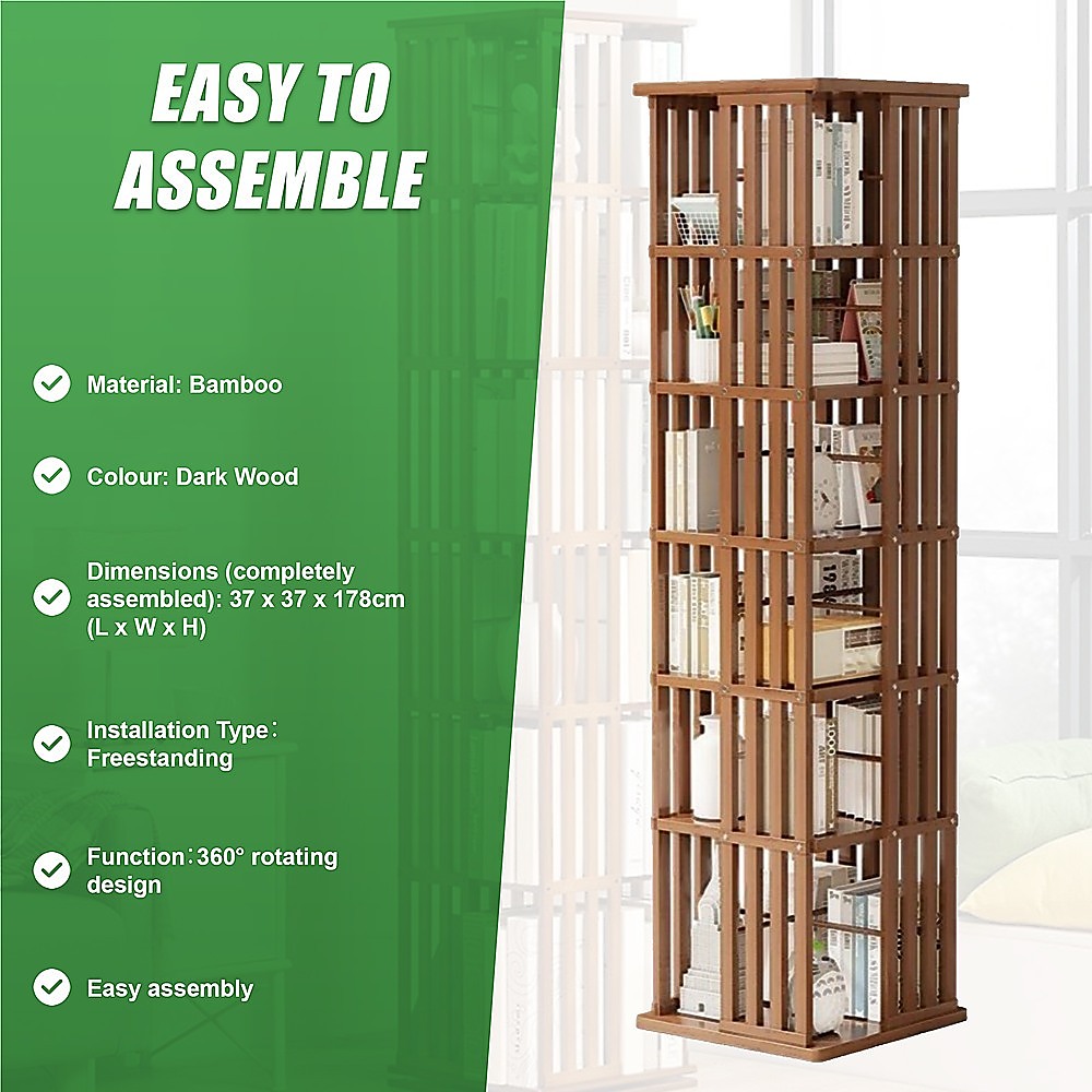 Rotating Bookshelf 360 degree Bamboo Storage Display Rack - Dark - Cosy Abode