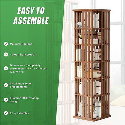 Rotating Bookshelf 360 degree Bamboo Storage Display Rack - Dark - Cosy Abode