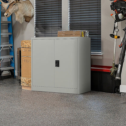Two-Door Metal Short Cabinet Shelf Storage for Home Office - Grey - Cosy Abode