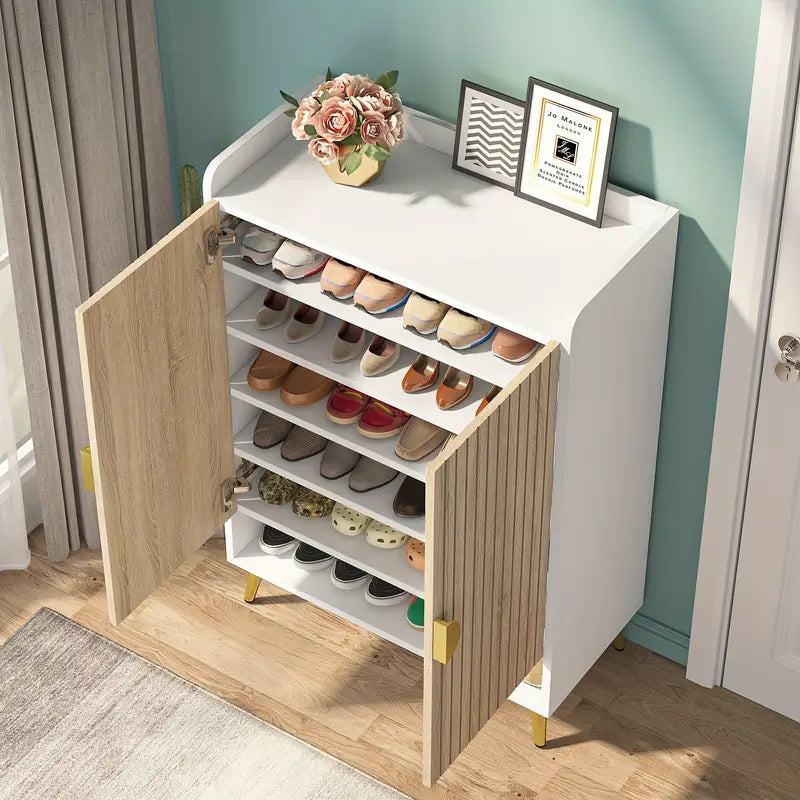 NNETMLT 7-Tier Shoe Storage Cabinet with Adjustable Shelves, Wood and Gold - Cosy Abode