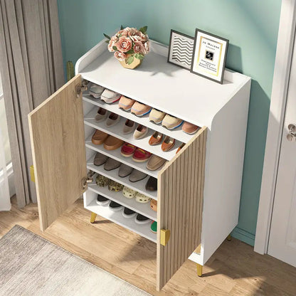 NNETMLT 7-Tier Shoe Storage Cabinet with Adjustable Shelves, Wood and Gold - Cosy Abode