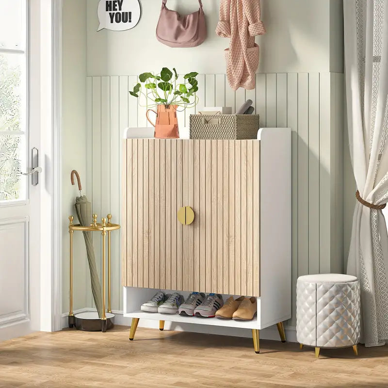 NNETMLT 7-Tier Shoe Storage Cabinet with Adjustable Shelves, Wood and Gold - Cosy Abode