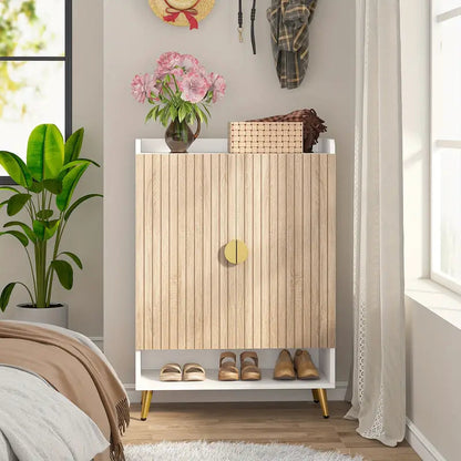 NNETMLT 7-Tier Shoe Storage Cabinet with Adjustable Shelves, Wood and Gold - Cosy Abode