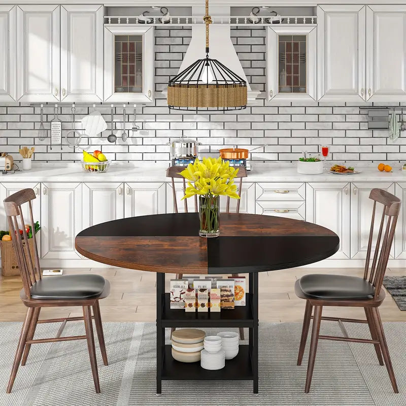 NNETMLT Round Breakfast Table with Shelves - Rustic Brown & Black - Cosy Abode