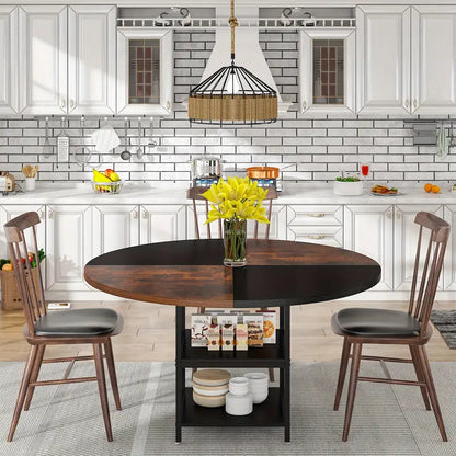 NNETMLT Round Breakfast Table with Shelves - Rustic Brown & Black - Cosy Abode