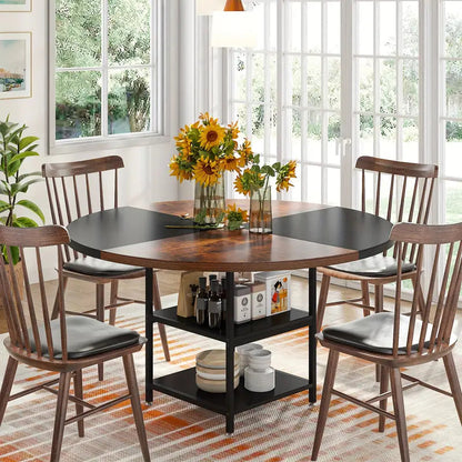 NNETMLT Round Breakfast Table with Shelves - Rustic Brown & Black - Cosy Abode